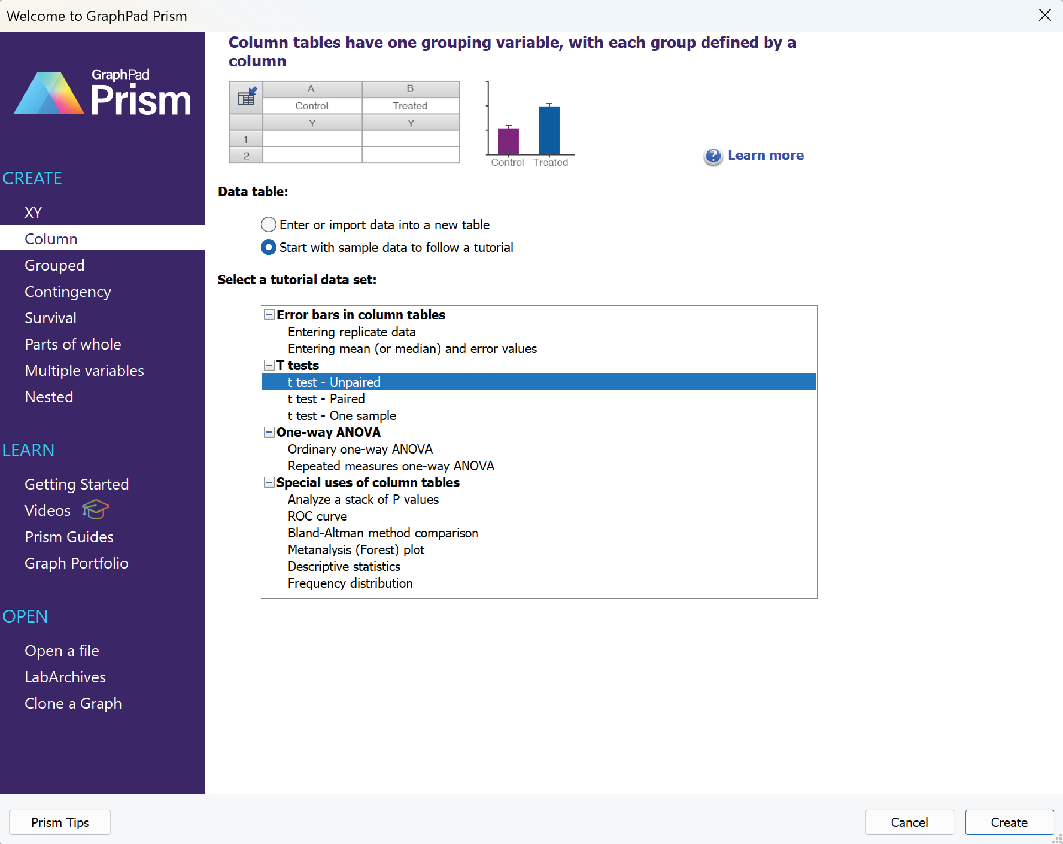 Welcome Dialog - Colum - Sample Data